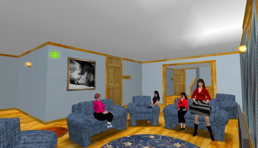 a virtual scene of people in a living room
