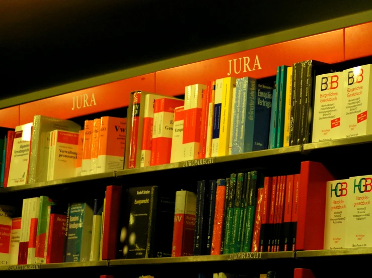 the bookshelves are covered in many different colored books