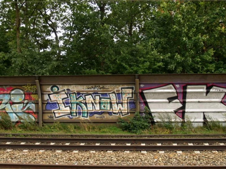 the train tracks have a graffiti covered wall in front
