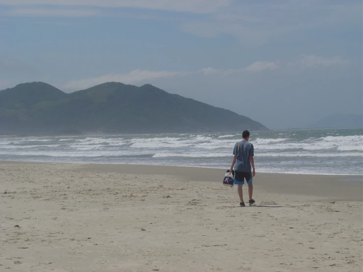 there is a man walking along the beach