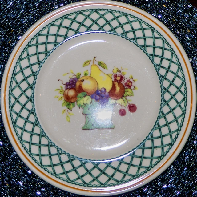 an empty plate painted with fruits on a green net