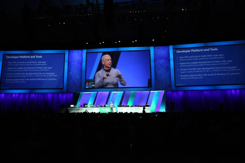 a large screen that shows a man on a stage