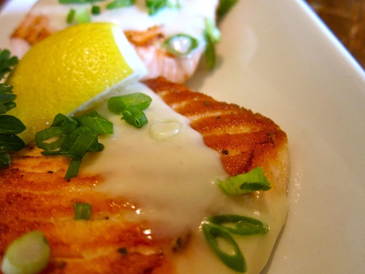 a white plate with some salmon and lemon