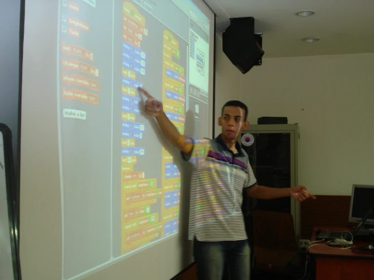 a person standing in front of a projection screen