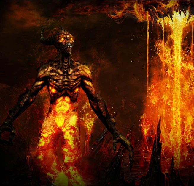 a demonic demon standing in front of a massive fire