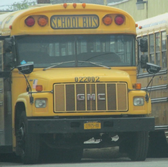 two large school buses are parked in an alley