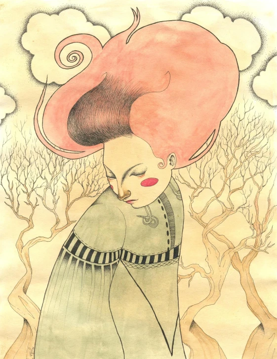 a drawing of a woman wearing a large pink hair