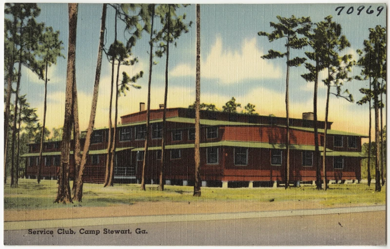 an old postcard showing the building in the trees