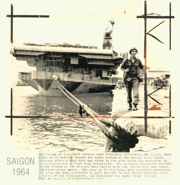an ad for a military museum shows a man standing in front of an aircraft carrier