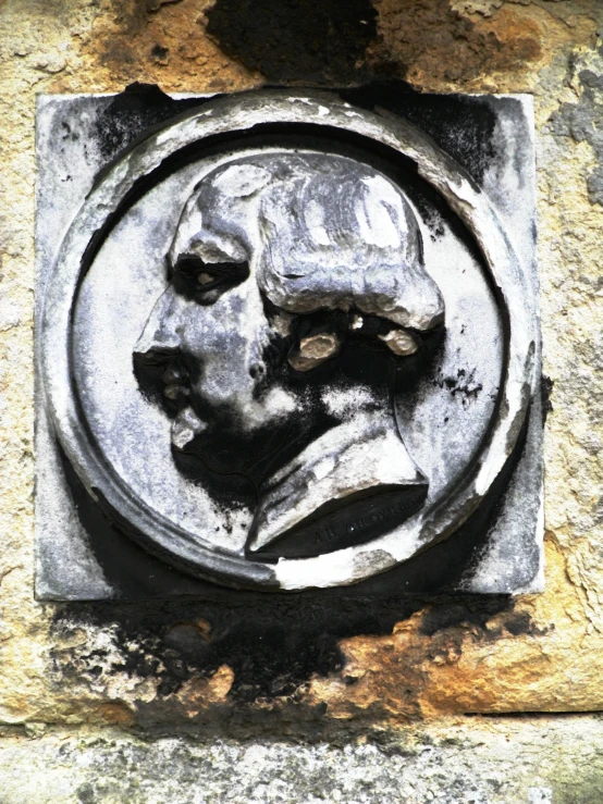 a face in a circular sculpture on a wall