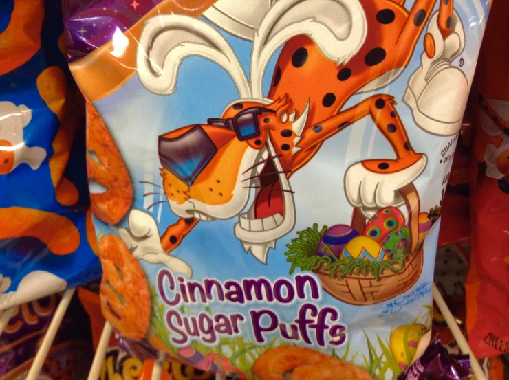a bag of cinnamon sugar puffs with an image of a cat on it