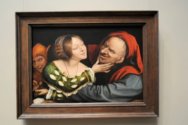 an oil painting of a man and woman emcing