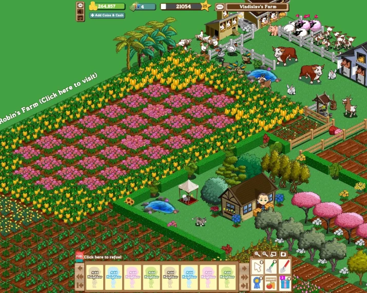 the farm in game shows a field of flowers and animals
