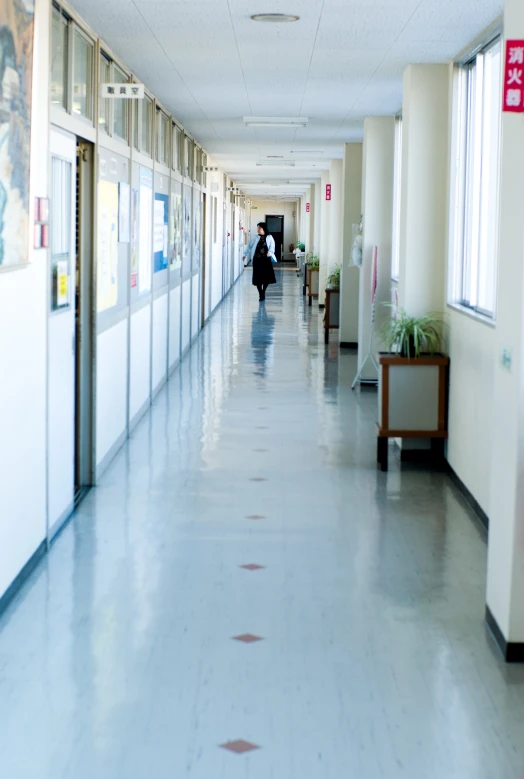 a long hallway is shown lined with artwork