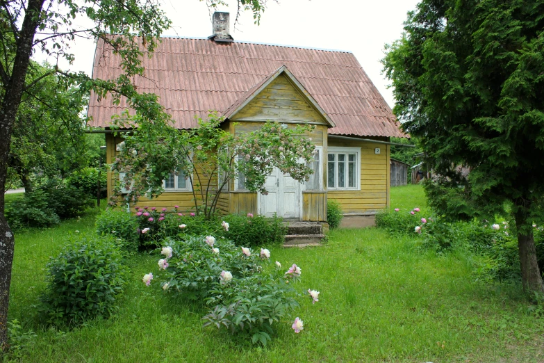 a house in the middle of a lush green field