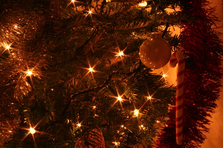 an ornament hangs from a christmas tree next to a candy cane