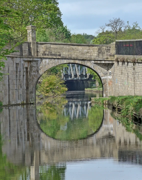 a river running through a stone bridge with a sky background