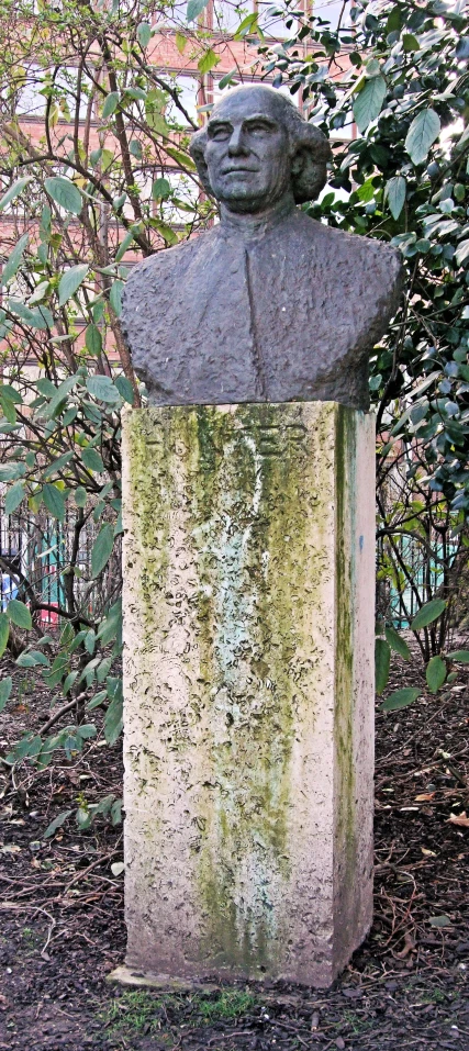 a bust in a field with bushes and a fence behind it