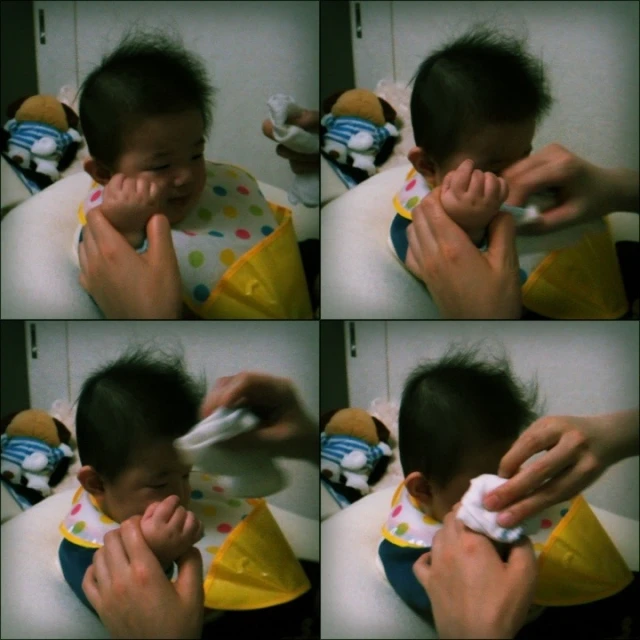 four pictures of a toddler being brush his teeth