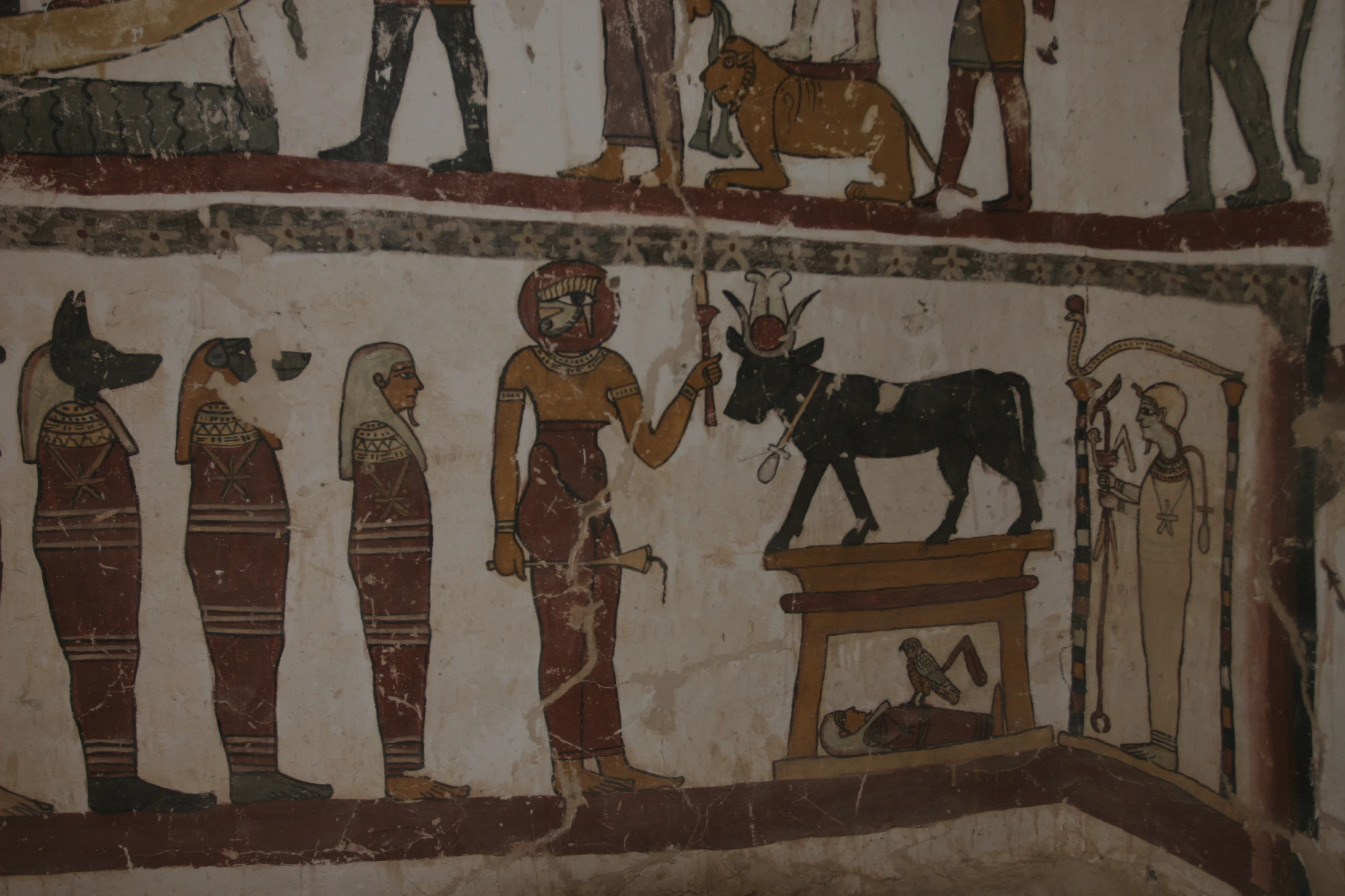 a painting in an ancient style depicts an animal and various ancient people