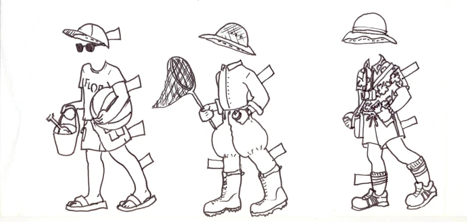 a drawing of a person wearing a hat and two other people wearing boots