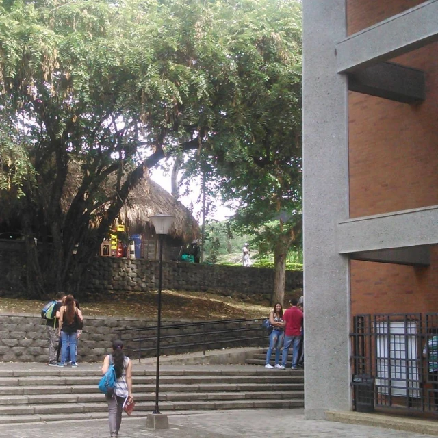 several people are walking up and down steps in front of the building