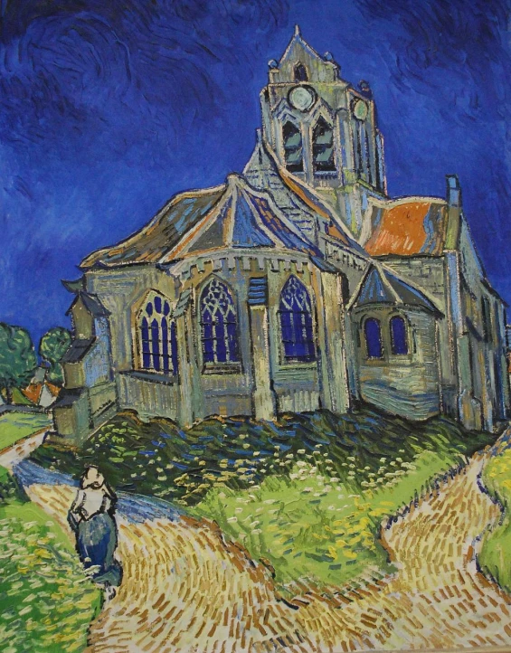 an old church painting by a person walking down a pathway