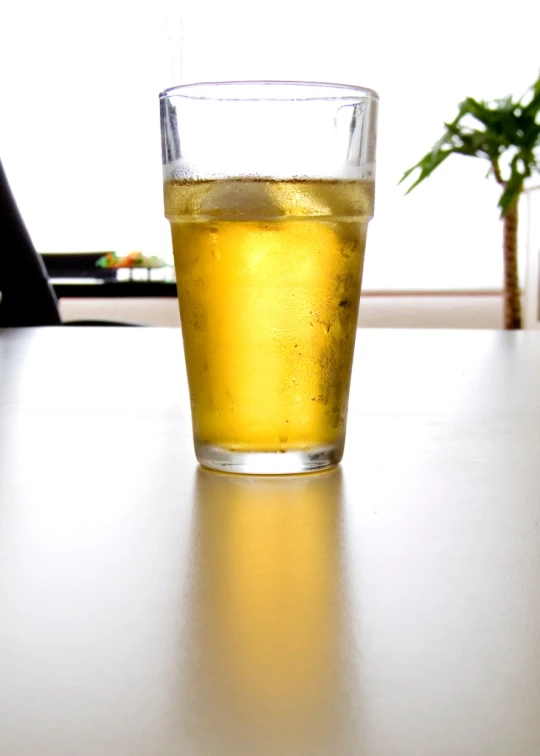 a glass filled with beer sits on a table