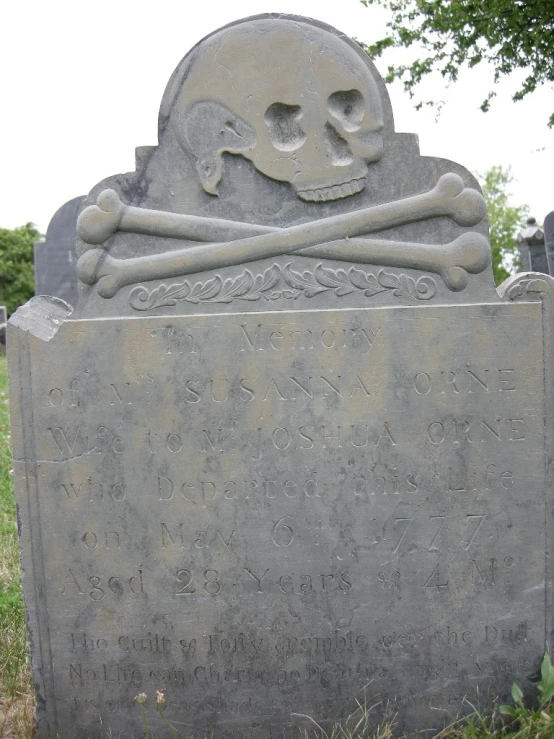 skull and crossbones carved into a grave