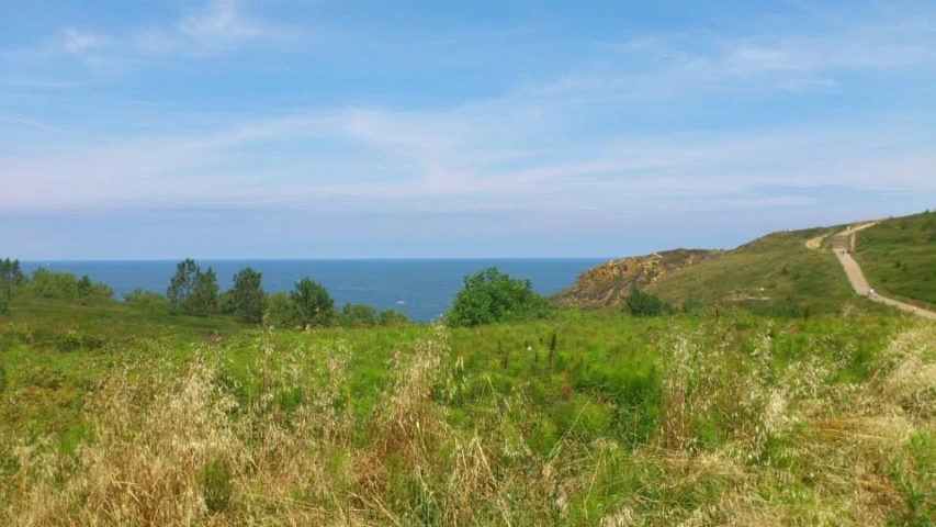 grassy hills overlook a body of water and a path