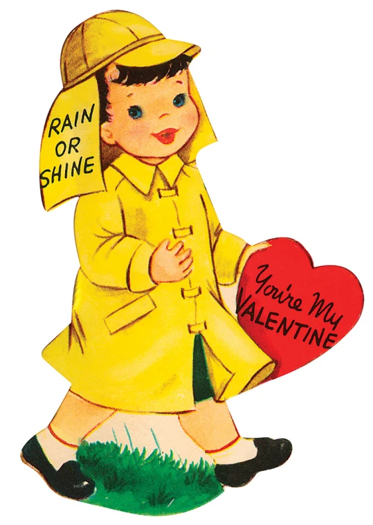 the vintage valentine card has a child dressed as a raincoat and holding a heart shaped box