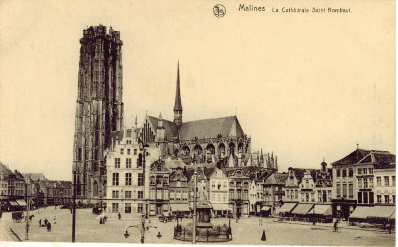 an old pograph of a large cathedral and people