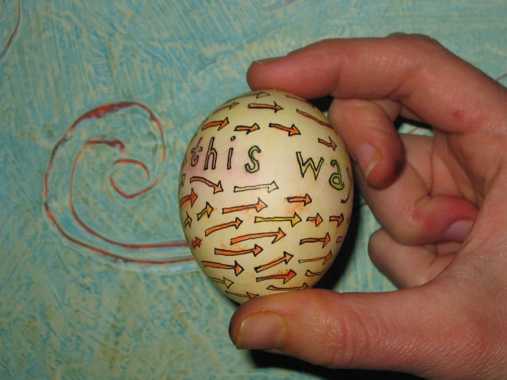 a painted ceramic egg with words on it