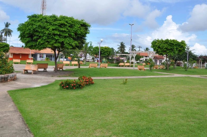 a park area with benches and tables in the foreground