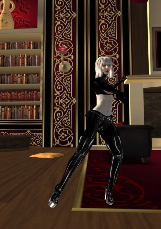 there is a female in black catsuit and a shelf with books