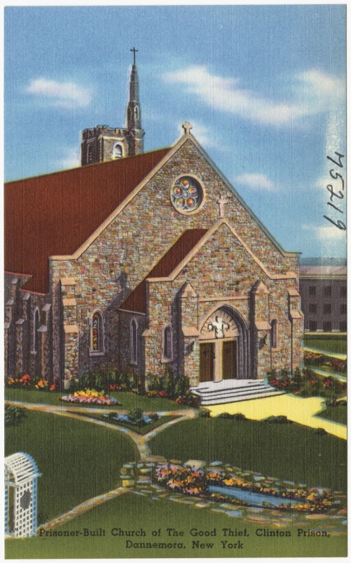 a colorful postcard from the 1950s shows a church with a steeple