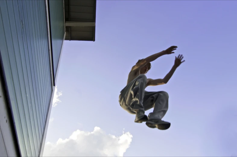 a man flying through the air while riding a skateboard