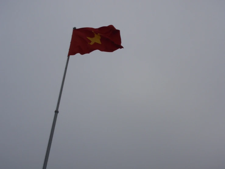 a flag blowing in the wind with a gray sky background