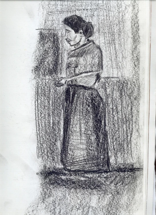 a sketch of a person sitting on a stool