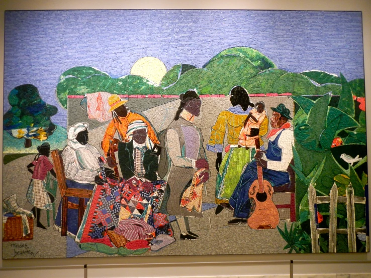 several people are depicted painted on a glass wall