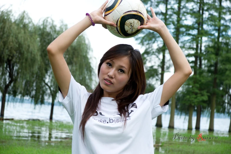 an asian woman is holding up her head while holding a soccer ball