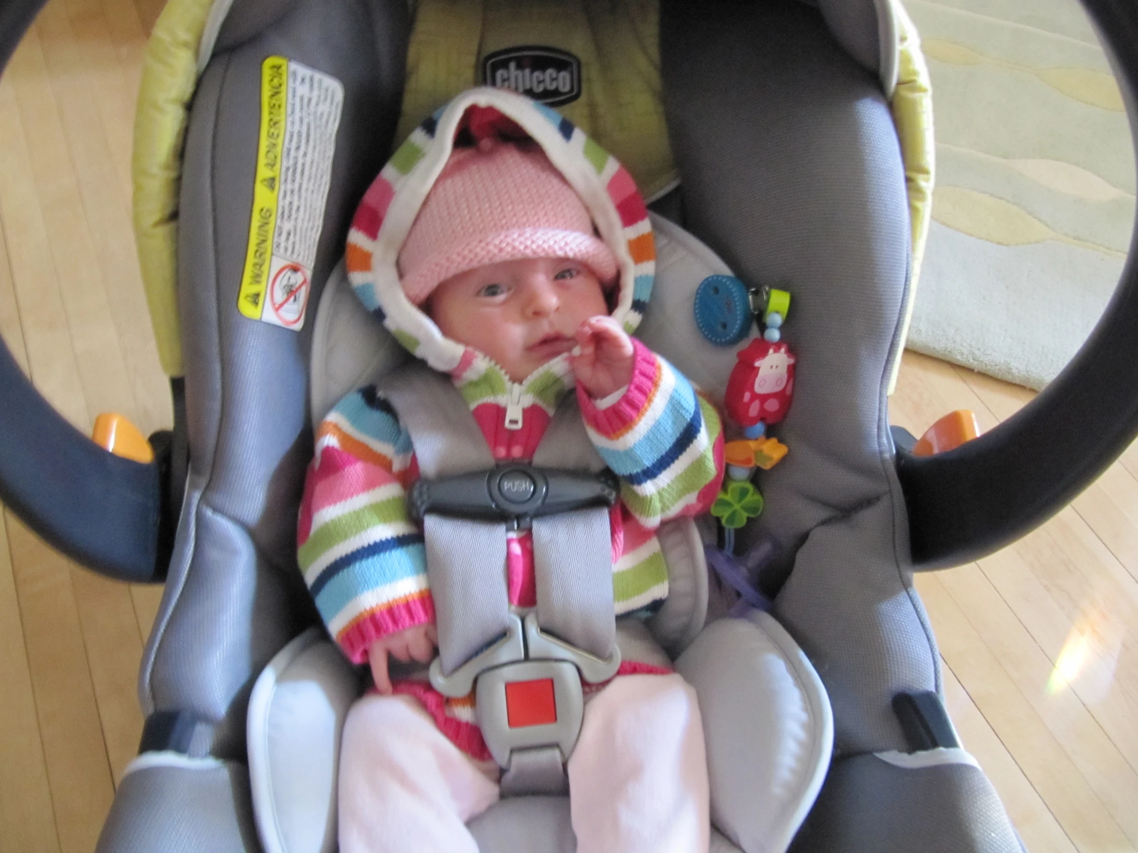 a baby in a pink hat sits in a car seat