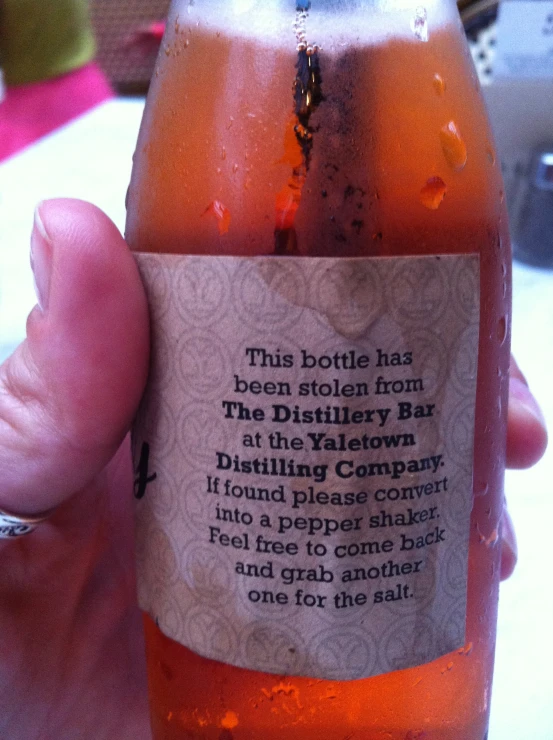 this bottle has been stolen from the distillary bar at the vale town brewing company