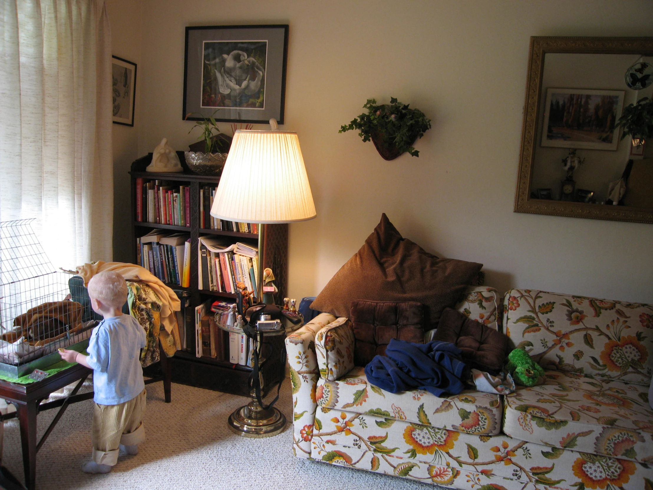 a  is looking at his book in a room