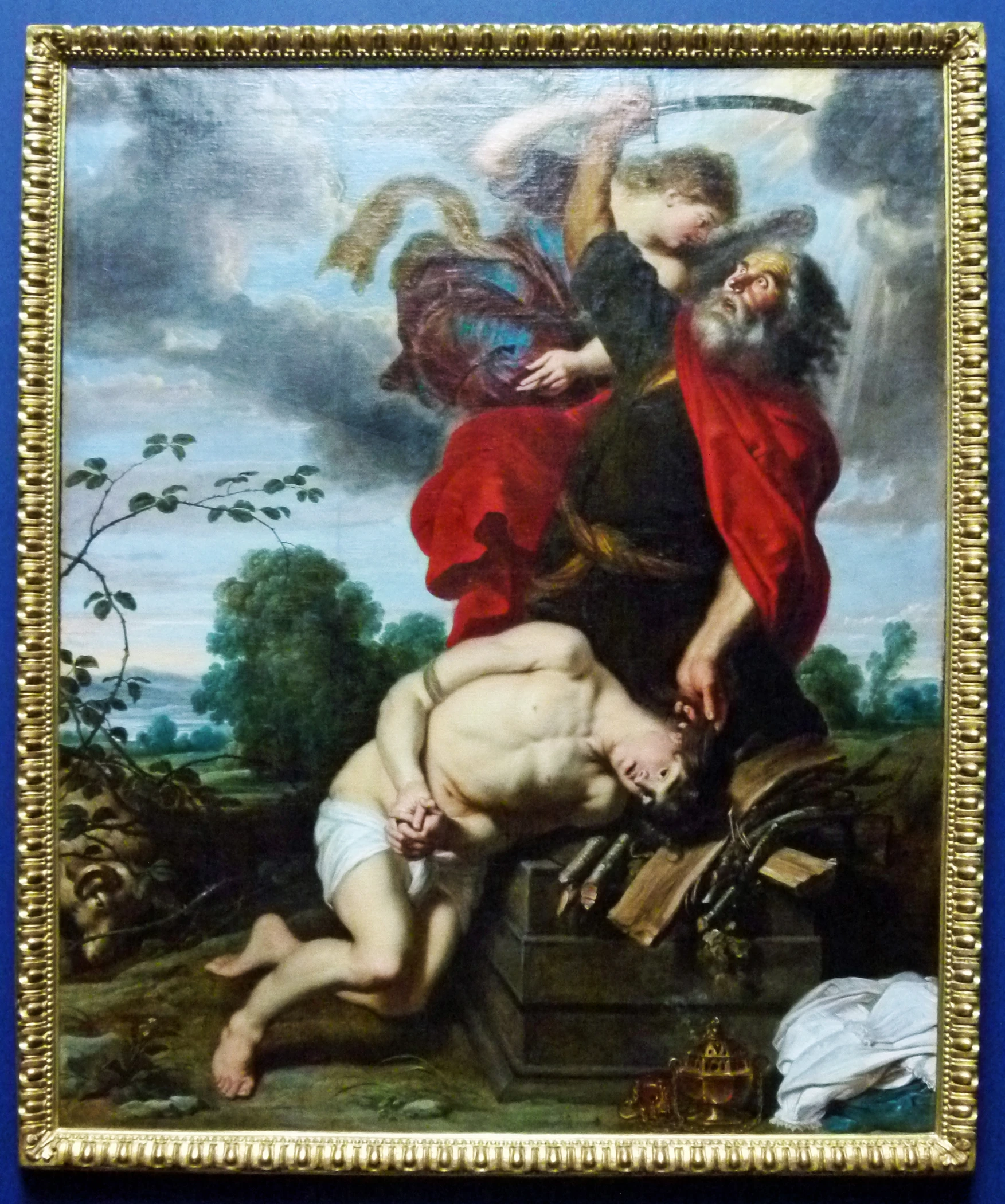 a painting of a man being lifted by a woman