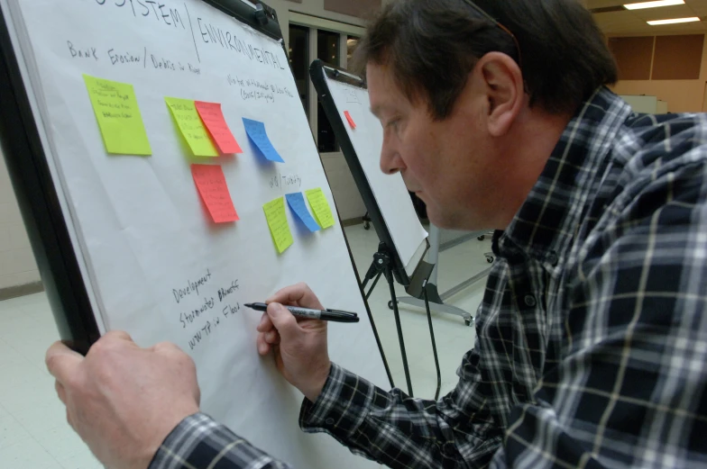 man with a marker in hand writing on a white board