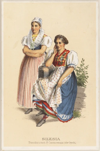 two women wearing dress and bonnets, one with her arm around the other