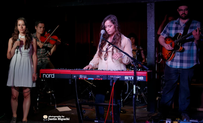 a band performs during a concert with instruments and keyboards