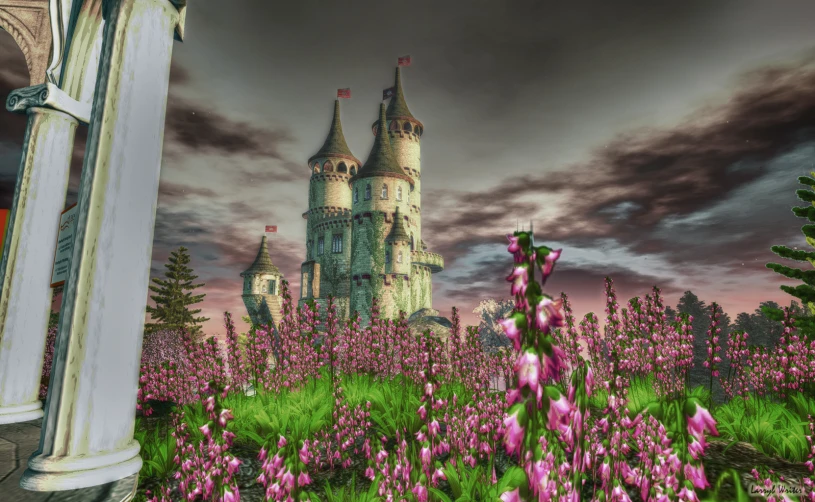 a beautiful scene shows a pink, purple and green castle