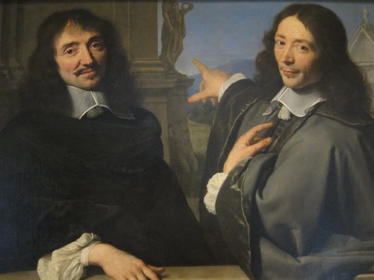 two men with long hair one wearing a cape and the other in a cloak